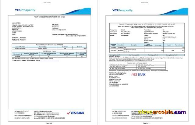 India Yes Bank account statement Word and PDF, 2 pages